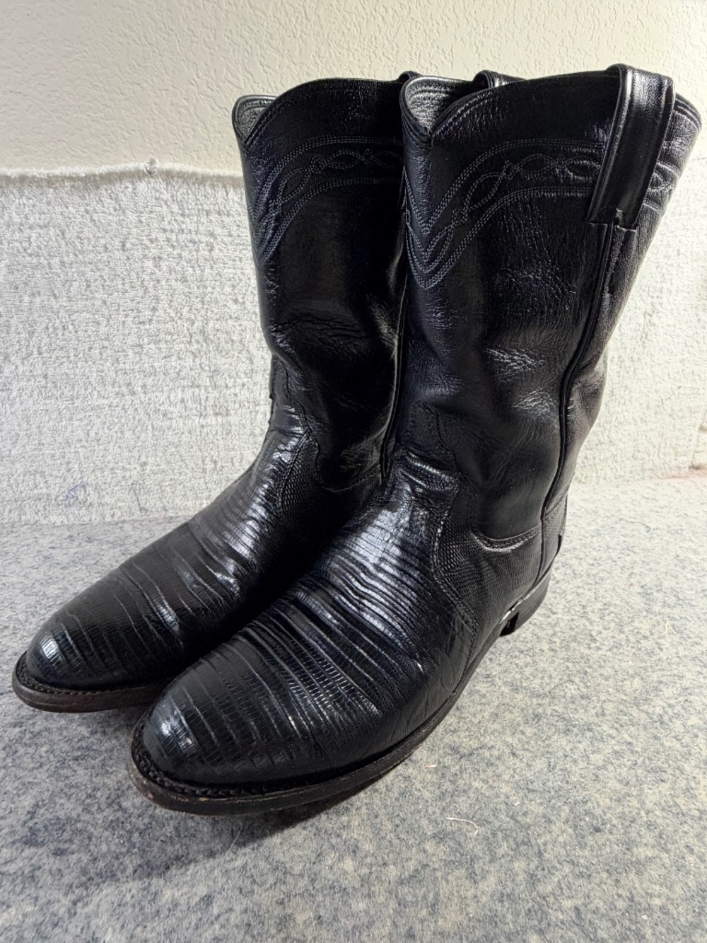 Vintage 90's Justin Black Iguana Lizard Boots Roper Style Women Size 8B